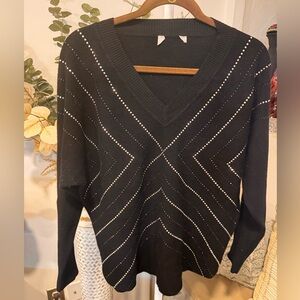 Black V-Neck Sweater with Studded Design